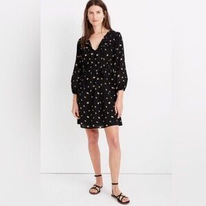 Madewell Long Sleeve Black Dress with Yellow Flowers. SZ Small tie opening front